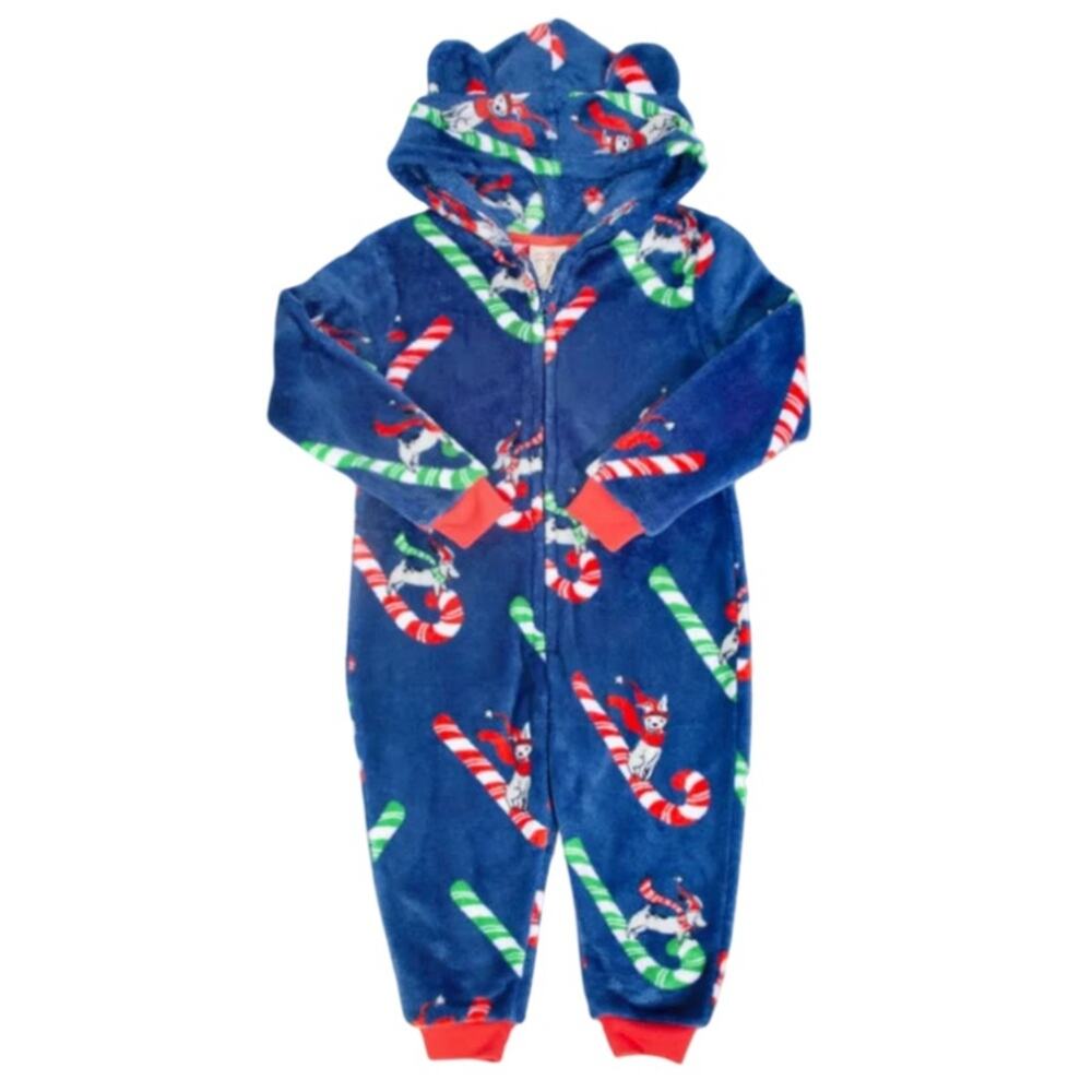 Munki Munki Youth Candy Cane Sled Hooded Fleece Pajamas Zip-Up One-Piece Blue 3